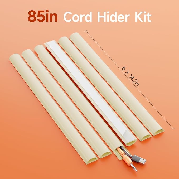 Delamu 85in Adhesive Cord Hider Wall, Mounted TV Cord Cover Kit, Multiple Cable Raceways for Wall Corner, Wire Cover Hiders for 1-2 Cables, 1.18" W X 0.43" H, Beige