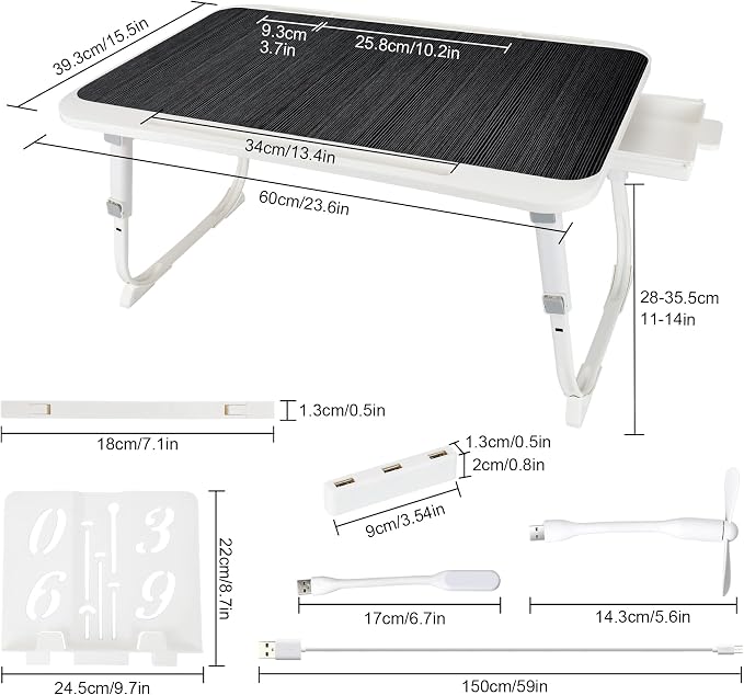 Laptop Desk for Bed, Adjustable Height Laptop Bed Table, Foldable Lap Desk with USB Charge Port, Desktop Card Slot, Side Drawer, Book Shelf, Portable Lap Tray for Eating Reading Working Sofa & Floor