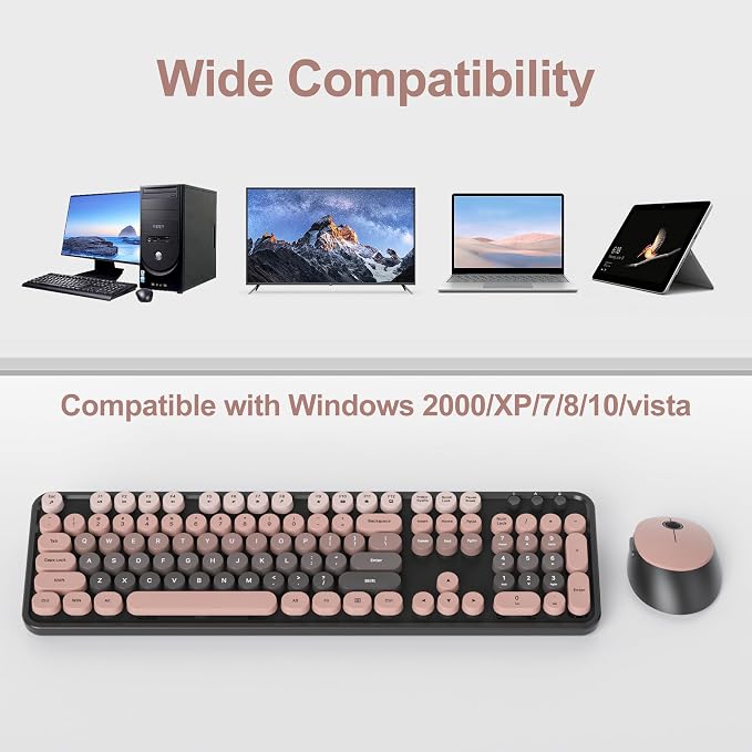 Fogruaden Pink Keyboard and Mouse Wireless, Retro Typewriter Keyboard, 2.4GHz 104 Keys Full Size Cute Keyboard with Number Pad, Gradient Colorful Round Keycaps for Windows PC Desktops Laptop