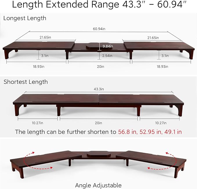 Nnewvante Large Dual Monitor Stand Riser, 60 inch Bamboo Monitor Stand with Adjustable Length and Angle, 3 Shelves Desktop Screen Riser for Computer Laptop PC, Walnut