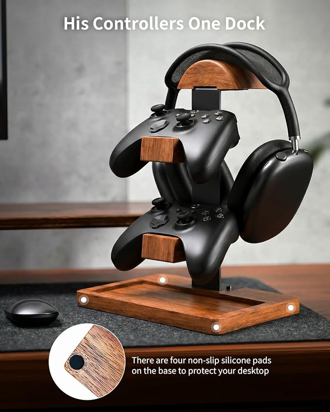 Headset Stand with Controller Holder, 3-in-1 Solid Walnut Wood Gaming Desk Organizer, Compatible with Controllers, Display Mount for AirPods Max, Bose, Sennheiser, Gift for Gamers