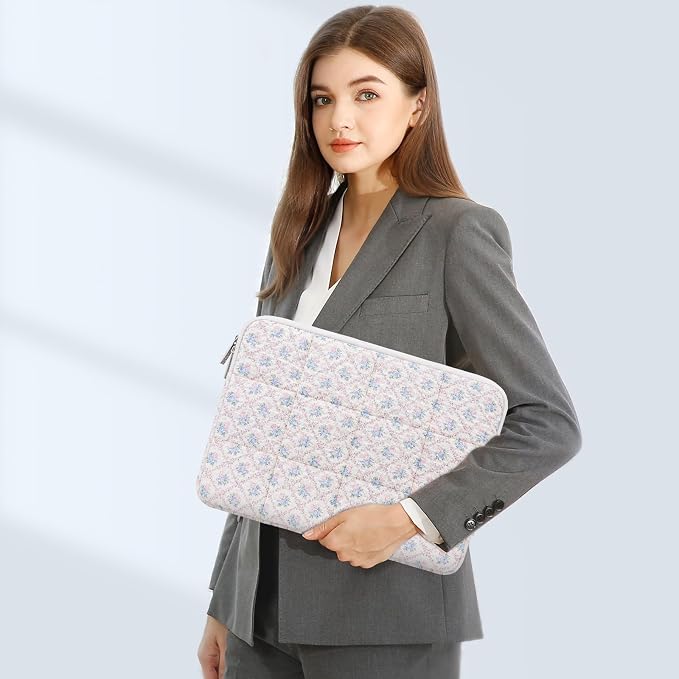 MOSISO 13-14 inch Laptop Case, 13.3 inch Puffy Laptop Sleeve Compatible with MacBook Air 13.6 M4 M3 M2 M1/Pro 13/Pro 14, HP Dell ASUS Lenovo, Square Quilted Carrying Bag with Small Case, Floral Grid