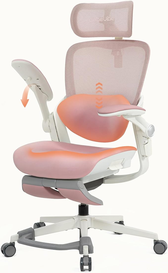CabLady S2 Petite Ergonomic Office Chair for Women, Small Frame Desk Chair with Adjustable Lumbar, Headrest & Footrest, Space-Saving Flip-Up Armrests