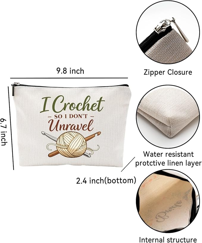 ZUYUROU Crochet Makeup Bag Funny Travel Cosmetic Pouch Zipper Organizer for Women Crafters, Double-Sided Canvas