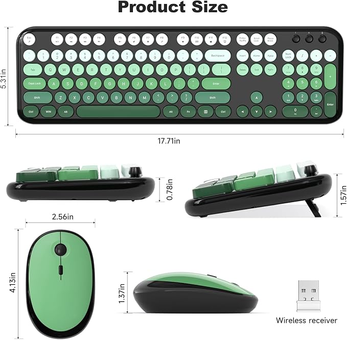 MOFII Wireless Keyboard and Mouse Combo, 2.4GHz Retro Typewriter Keyboard Full Size, Quiet Click Mouse, USB Receiver Plug and Play, for PC, Laptop, Desktop, Windows (Black Green Gradient)