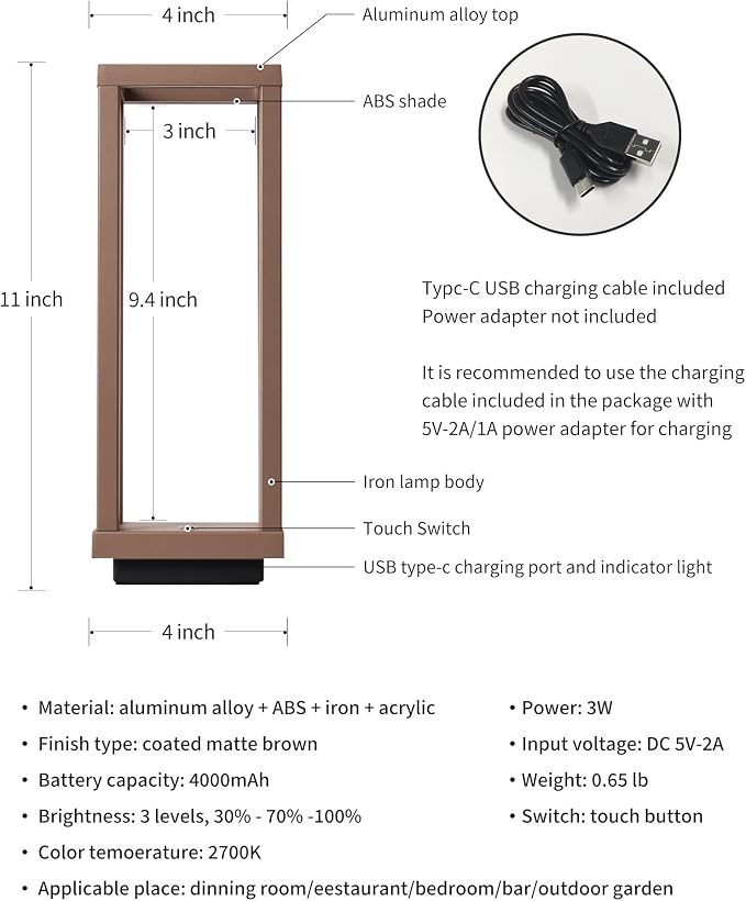 PUSU Cordless Waterproof Table Lamps Set of 2, Brown Outdoor Rechargeable 4000mAh Battery Operated Desk Lamp 2700K 3-Level Dimmable, Portable LED Lighting for Patio, Camping, Bedroom, Night Light