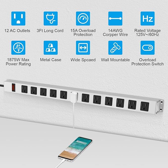 JUNNUJ Metal 12 Outlet Power Strip, Mountable Heavy Duty Power Strip, 1200J Surge Protector Wall Mount Screws Outlet with Switch, Gaming Desk Strips Wide Spaced 15A 125V 1875W, 3 FT 14AWG Power Cord