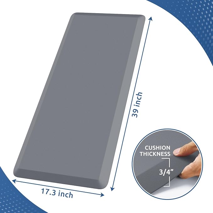 KitchenClouds Kitchen Mat Cushioned Anti Fatigue Kitchen Rug Non Slip Standing Mat Comfort Floor Mats for Sink Office (17.3"x39"- 0.8inch,Grey)