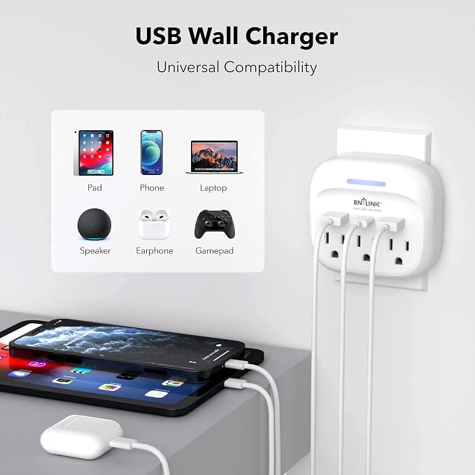 BN-LINK Multi Plug Outlet Extender with USB, Surge Protector Outlet with 3 AC Outlet Splitter and 3 USB Ports (1 USB C), Multi Plug Wall Outlet for Dorm, School, Travel, Office, Home, Travel, 1 Pack