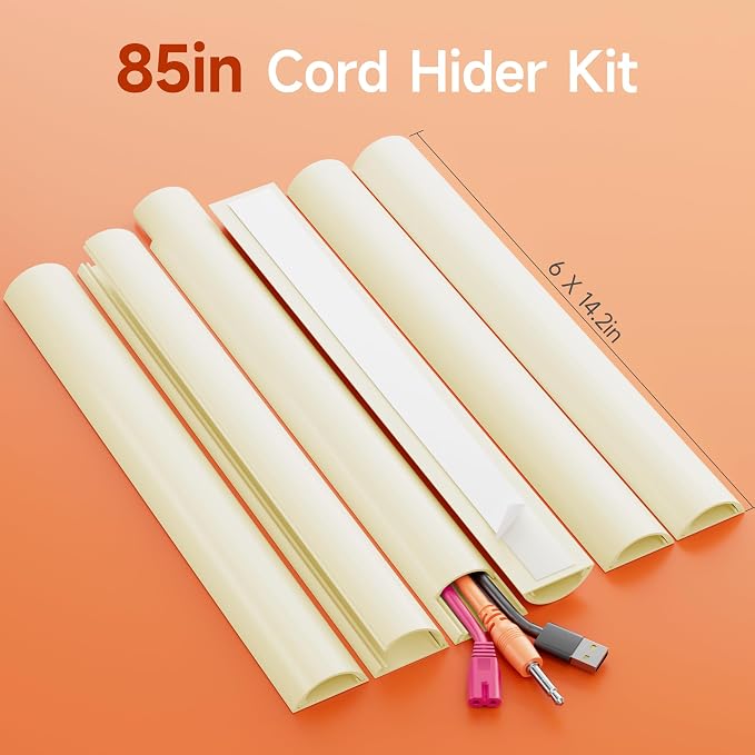 Delamu 85in Adhesive Cord Hider Wall, Mounted TV Cord Cover Kit, Multiple Cable Raceways for Wall Corner, Wire Cover Hiders for 2-3 Cables, 1.57" W X 0.59" H, Beige
