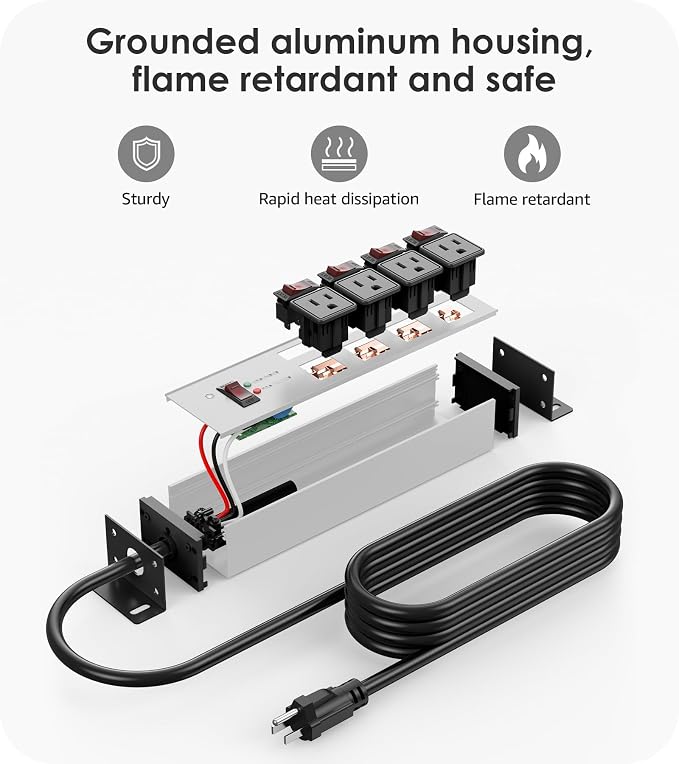 CCCEI Heavy Duty Surge Protector Power Strip 20 Amp Individual Switches. 6FT 12 Gauge Extension Cord with Multiple Outlets. Kitchen, Garage, Shop, Industrial Wall Mount Electric Extender, Grey.