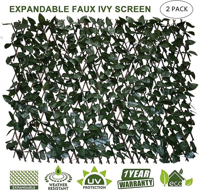 GLANT Expandable Fence Privacy Screen for Balcony Patio Outdoor,Decorative Faux Ivy Fencing Panel,Artificial Hedges (Single Sided Leaves) (2, Dark Green)