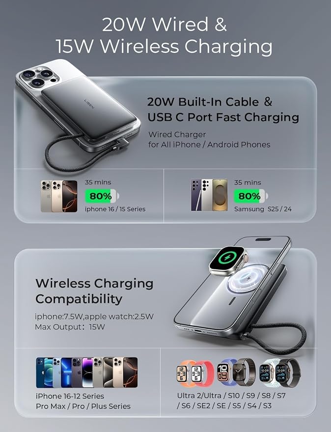 LISEN 0.5'' Ultra Slim MagSafe Power Bank for iPhone and Apple Watch,10000mAh MagSafe Battery Pack,Alloy Magnetic Portable Charger for iPhone 16 Pro Max Plus/15, Apple Watch S11 /S10 S9 SE，Black