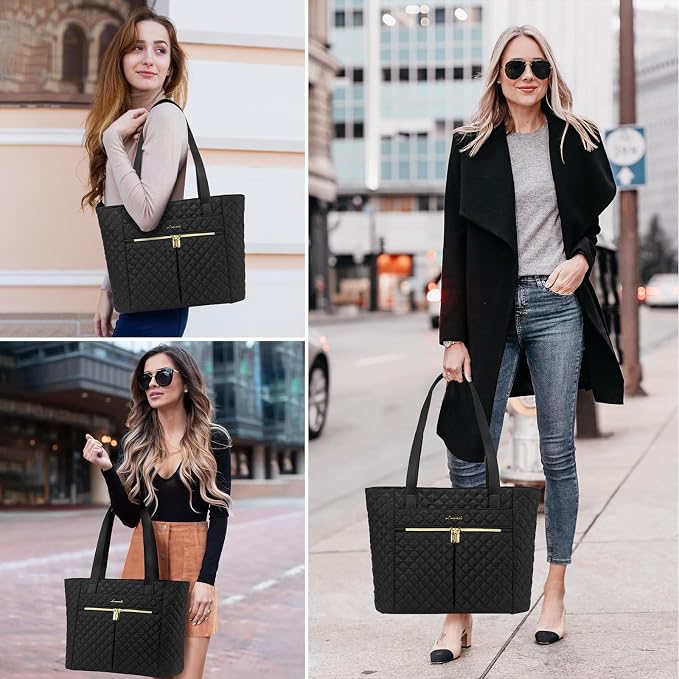 LOVEVOOK Laptop Bag for Women 15.6 inch,Diamond Quilted Work Tote Bags Womens Laptop Tote Computer Shoulder Bags,Stylish Travel Tote Bags Laptop Purse Case Briefcase Handbag with Clutch Bag,Black
