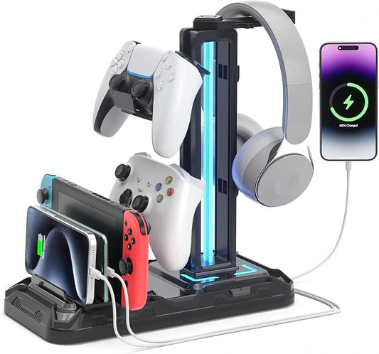 KDD Headset Stand with Charging Station - Detachable Controller Holder with 9 Light Modes - Rotatable Headphone Hanger with USB A&C Charger Ports - Earphone Hook for PC Gaming Accessories Storage