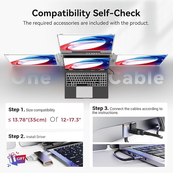 Ladomi 16" Laptop Screen Extender, Just 1 Cable for 3 Screens Quad Monitor, 1200P FHD Screen Extender for 12"-18.5" Laptops, Triple Portable Monitor for Wins/Mac M1|M2|M3|M4|M5