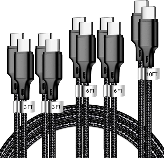 USB C to USB C Charger Cable, 5 Pack [3/3/6/6/10ft] Type C Fast Charging Cord High Data & Transfer Wire Compatible for iPhone 17/16/15 Plus/Pro Max iPad Pro Air Ps5 Controller Samsung Galaxy(Black)
