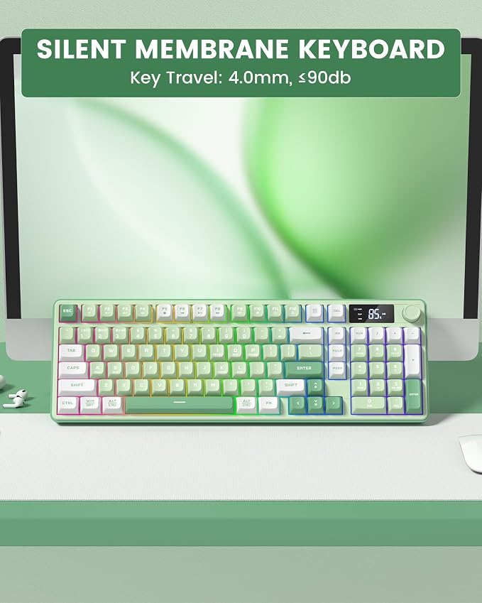 Keymatic Gaming Keyboard Wireless Creamy Keyboard with Media Knob & Screen Cute Keyboard Mechanical Feeling Membrane Keyboard with Number Pad RGB Backlit Tri-Mode BT/2.4GHz/USB-C - Green