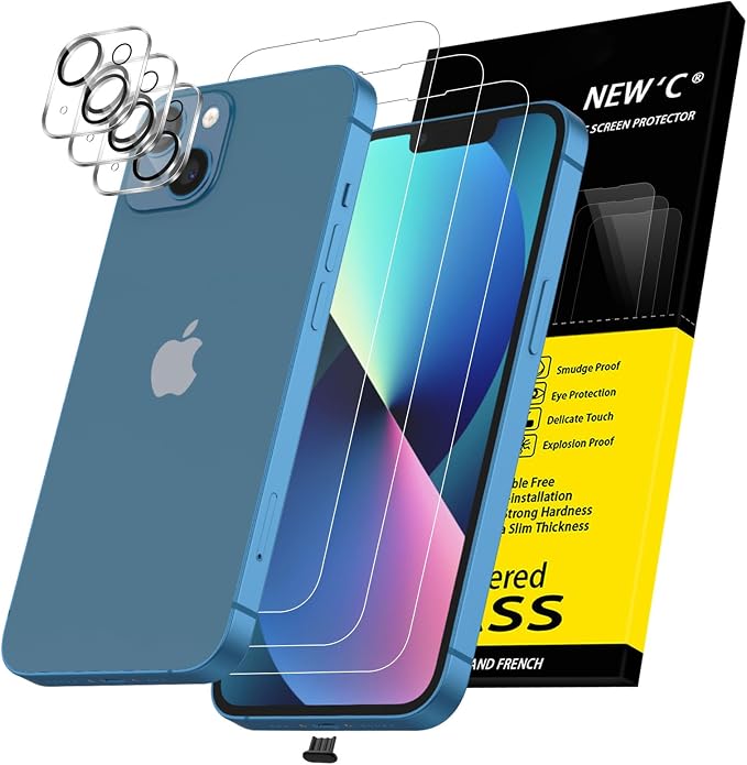 NEW'C 3x for iPhone 13 Screen Protector (6.1 inches)+ 3x Camera Lens Protector, Sensor Protection + Dust Plug - Case Friendly Tempered Glass Film, Ultra Resistant