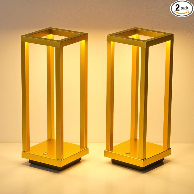 PUSU Cordless Waterproof Table Lamps Set of 2, Gold Outdoor Rechargeable 4000mAh Battery Operated Desk Lamp 2700K 3-Level Dimmable, Portable LED Lighting for Patio, Camping, Bedroom, Night Light