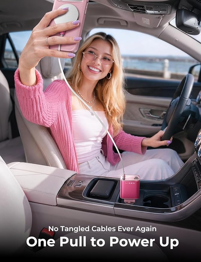 LISEN Retractable Car Charger, 84W Fast Charging Car Phone Charger, Car Charger USB C Truck Accessories, Road Trip Essentials Pink Car Acessories for Men Women for iPhone 17 16 15 14 13 12 Samsung S26
