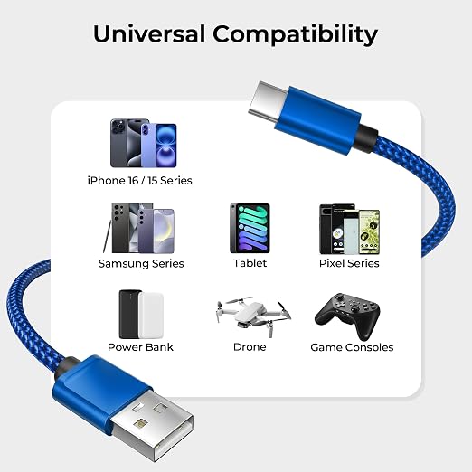 Basesailor for iPhone 17 16 Pro Max Charger Cord,USB to USB C Cable,Type C Charging Power Cord for Apple 17e 15 iPad 10 Air 4 5,Samsung Galaxy S26 S25 S24 S23,Blue,2Pack 6.6FT(2M)