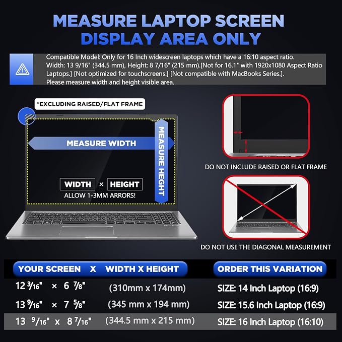 Magicmoon 16" Privacy Filter Screen Protector, Anti-Spy/Glare Film for 16 inch Widescreen Notebook Laptop with 16:10 Aspect Ratio (Width x Height:344.5mmx215mm)