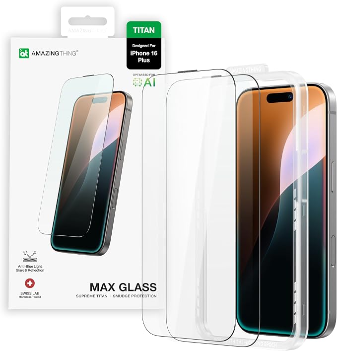 AMAZINGthing for iPhone 17 [Titan Filter 7 - Full Glass] Screen Protector, 9H Tempered Glass, Full Coverage, Case‑Friendly, Oleophobic, Alignement Frame, 2 Pack (Blue Light, iPhone 16 Plus)