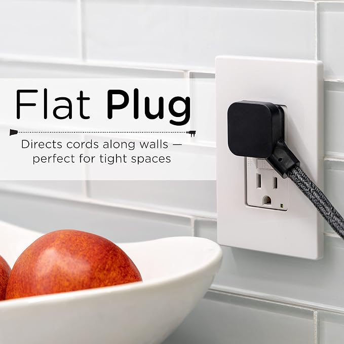 Cordinate Designer Mini 3-Outlet Power Strip, 18 in Braided Extension Cord, Grounded Adapter, Low-Profile Flat Plug, ETL Listed, Black/Dark Heather, 47298