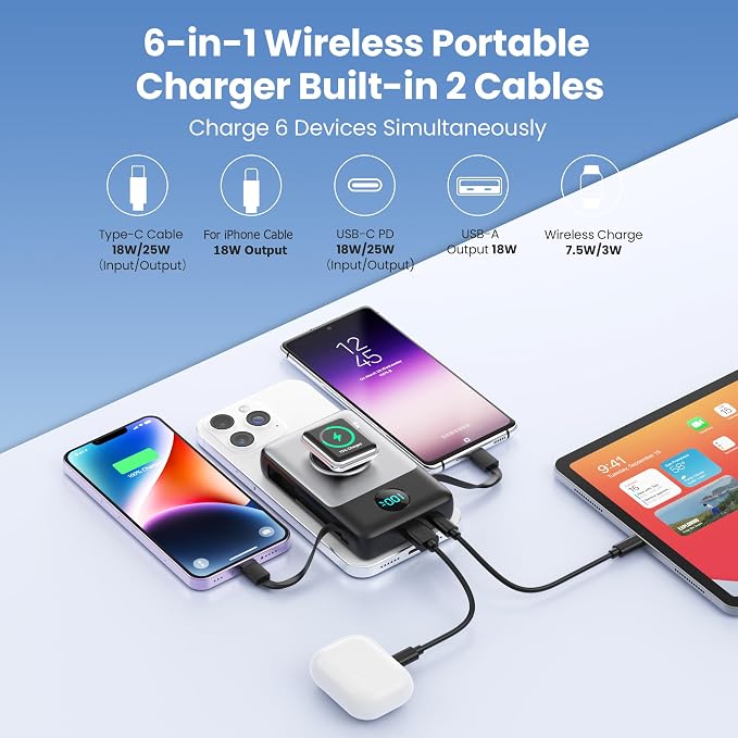 6 in 1 Magnetic Portable Charger for iPhone with Built-in Cables, 10800mAh 25W PD Fast Charging Power Bank, 6 Outputs LCD Display Travel Essential Battery Pack for iPhone 17/16/15/14/13/12,Apple Watch