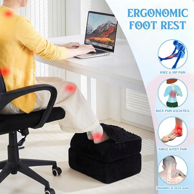 Novabright Foot Rest Under Desk, 3 Height Adjustable Ergonomic Foot Stool with Gel Textured Top and Cozy Pocket, Non-Slip Foam Footrest for Office Home Car(15" X 11" X 14.4",Cambered,Black)