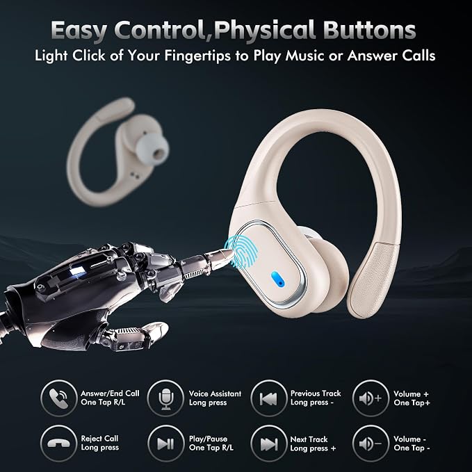 HAOYUYAN Wireless Earbuds, Sports Bluetooth Headphones, 80Hrs Playtime Ear Buds with LED Power Display, Noise Canceling Headset, IPX7 Waterproof Earphones for Workout/Running（Oatmeal White）