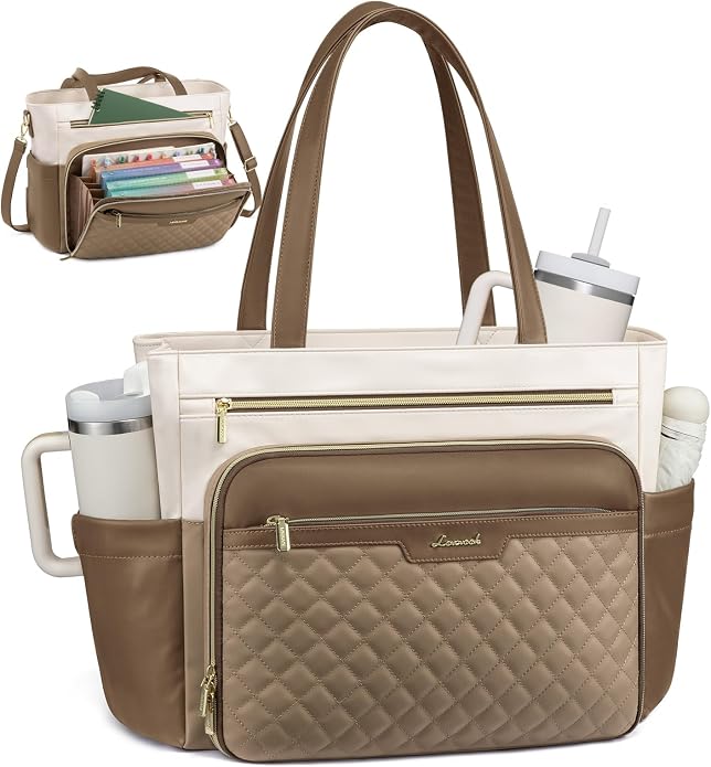 LOVEVOOK Teacher Tote Bag with Accordion File Pocket, Soft PU Leather Work Briefcase Quilted Laptop Bag with Large Cup Holder