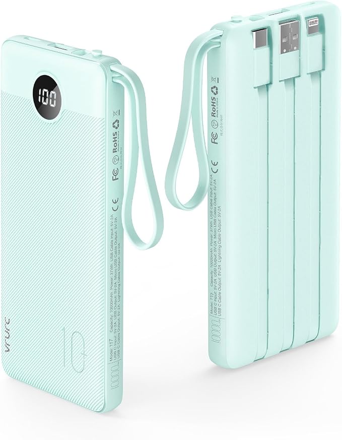 VRURC Portable Charger with Cables for iPhone, 22.5W Fast Charging USB C Power Bank 10000mAh, Compact Cell Phone Battery Pack with Cords for iPhone 17 16 15 14 13,Samsung Galaxy-Green(1 Pack)