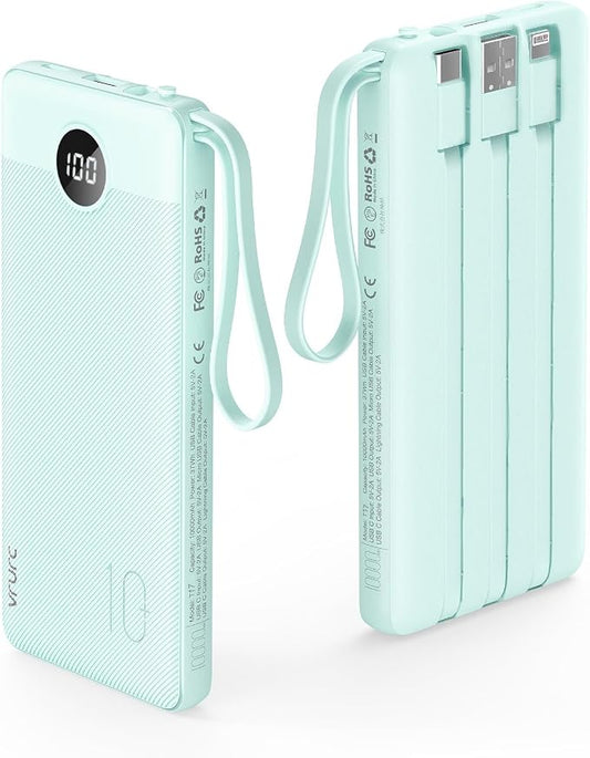 VRURC Portable Charger with Cables for iPhone, 22.5W Fast Charging USB C Power Bank 10000mAh, Compact Cell Phone Battery Pack with Cords for iPhone 17 16 15 14 13,Samsung Galaxy-Green(1 Pack)