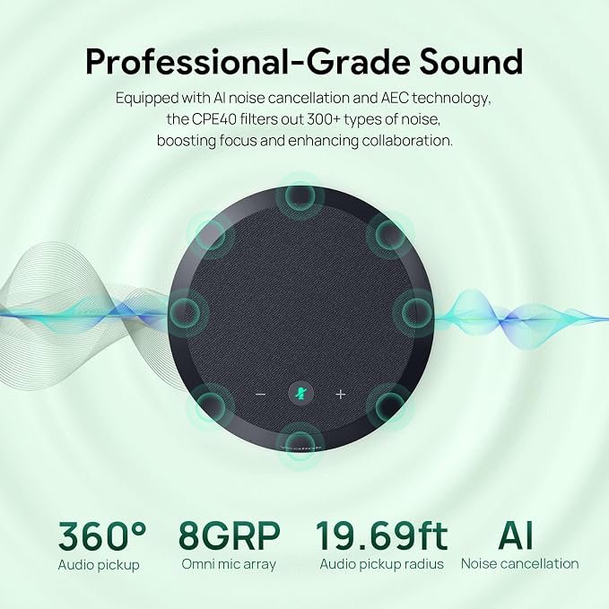 Yealink CPE40 Conference Speaker, Expansion Microphone for CP50, AI Noise Cancellation, 8 360 Omni Mics Array, 19.6ft Pickup, Daisy Chain up to 7 Speakerphones for Zoom, Teams, Large Meeting Room