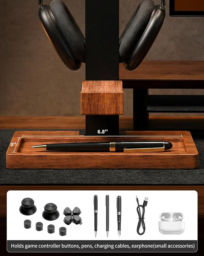 Headset Stand with Controller Holder, 3-in-1 Solid Walnut Wood Gaming Desk Organizer, Compatible with Controllers, Display Mount for AirPods Max, Bose, Sennheiser, Gift for Gamers