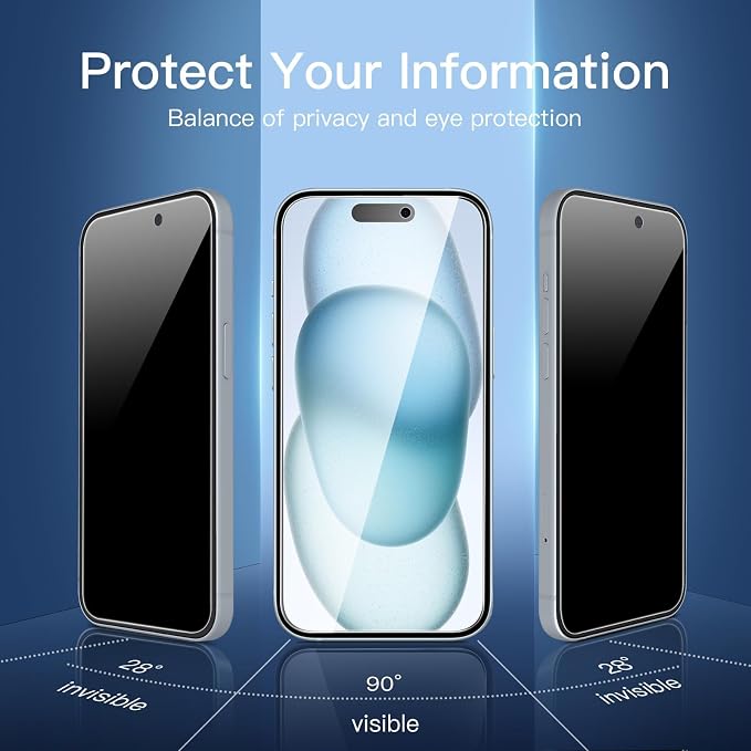 NEW'C 3x Privacy for iPhone 15 Screen Protector (6.1 inches)+ 3x Camera Lens Protector, Sensor Protection, Case Friendly Tempered Glass Film + Dust Plug - Easy installation tool included | Sensor Protection