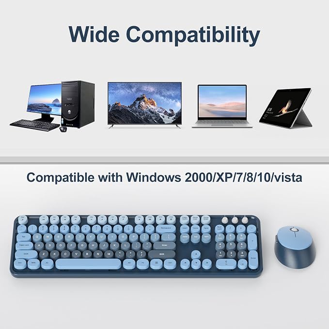 Fogruaden Blue Keyboard and Mouse Wireless, Retro Typewriter Keyboard, 2.4GHz 104 Keys Full Size Cute Keyboard with Number Pad, Gradient Colorful Round Keycaps for Windows PC Desktops Laptop