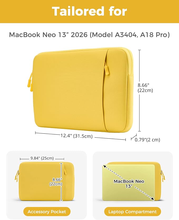 ProCase Laptop Sleeve for MacBook Neo 13 inch 2026 (Model A3404, A18 Pro), Protective Case with Soft Lining, Slim Travel Sleeve with Pocket for Accessories, Tailored for MacBook Neo 13” -Citrus