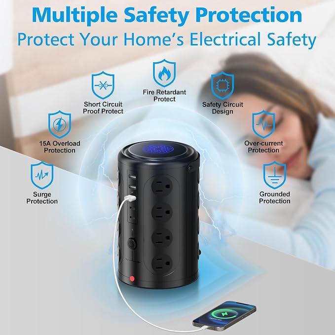 Tower Surge Protector Power Strip (16 AC Outlets + 5 USB Ports Including 2 Type-C), 5FT Extension Cord, 1800J Protector Charging Tower, Essential for Home/Office/Dorm