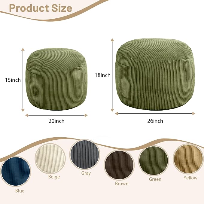 Round Stuffed Pouf Ottoman,Corduroy Foot Rest with Rebound Foam Filled, Furry and Fluffy Foot Stool Ottoman, Floor Poufs for Living Room (Green, 26" D x 26" W x 18" H)