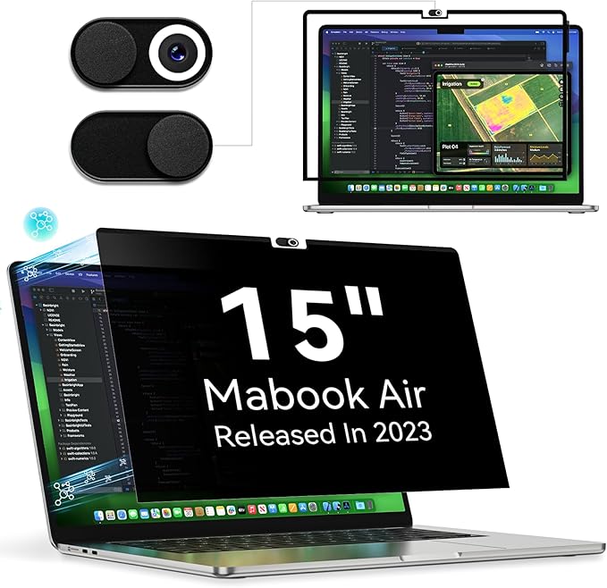 Privacy Screen Protector for MacBook Air 15 Inch (2023-2026, M2 M3 M4 M5 Chip), Easy On/Off Removable Anti Spy Blue Light Glare Cover Shield, Laptop Privacy Filter for Apple Mac Air 15.3" M2