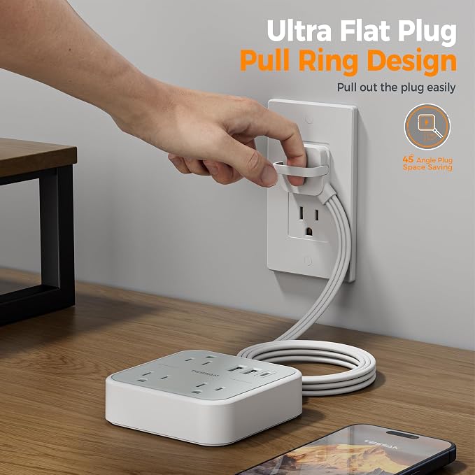 TESSAN Ultra Thin Flat Extension Cord 5 FT, Slim Power Strip with USB Ports (1 USB C), Non Surge Protector Flat Plug Wall Charger with 3 Outlets for Office, School, Alaska Cruise Essentials, Grey