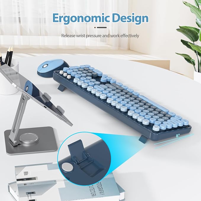 Fogruaden Blue Keyboard and Mouse Wireless, Retro Typewriter Keyboard, 2.4GHz 104 Keys Full Size Cute Keyboard with Number Pad, Gradient Colorful Round Keycaps for Windows PC Desktops Laptop