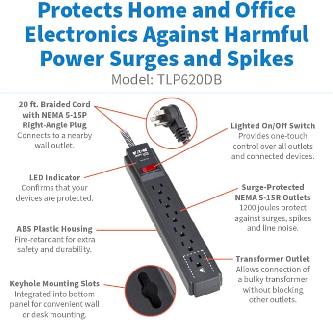 Eaton Tripp Lite Series 6-Outlet Surge Protector Power Strip, Flat Plug 20ft Braided Extension Cord, 1200 Joules, 15A Circuit Breaker, Lifetime Manufacturer's Warranty & $10,000 Insurance (TLP620DB)