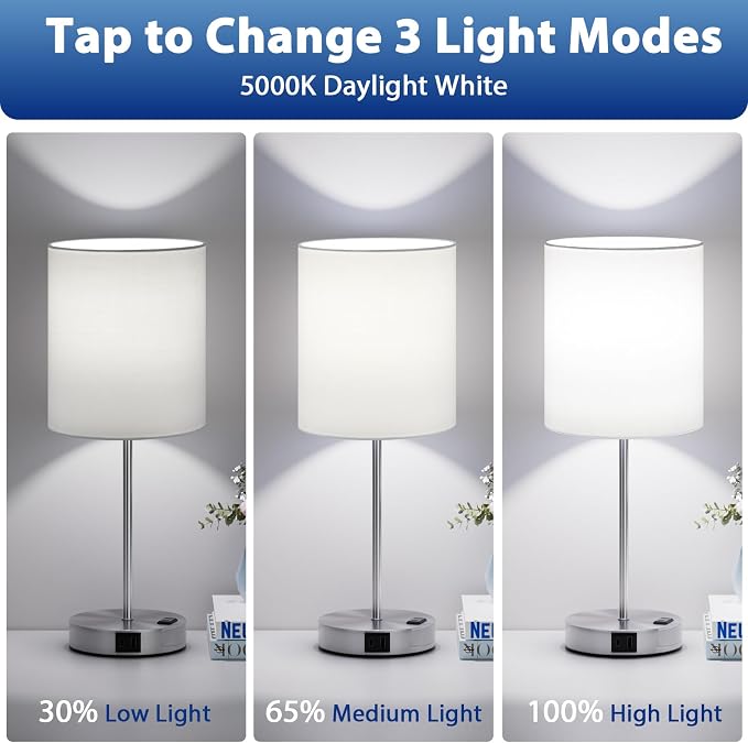 White Touch Lamps for Nightstand Set of 2 - Bedside Table Lamp for Bedroom with Dual USB Ports & AC Outlet, 3-Way Dimmable Lamps for Living Room Boys Room, Night Light with 5000K Daylight Bulbs