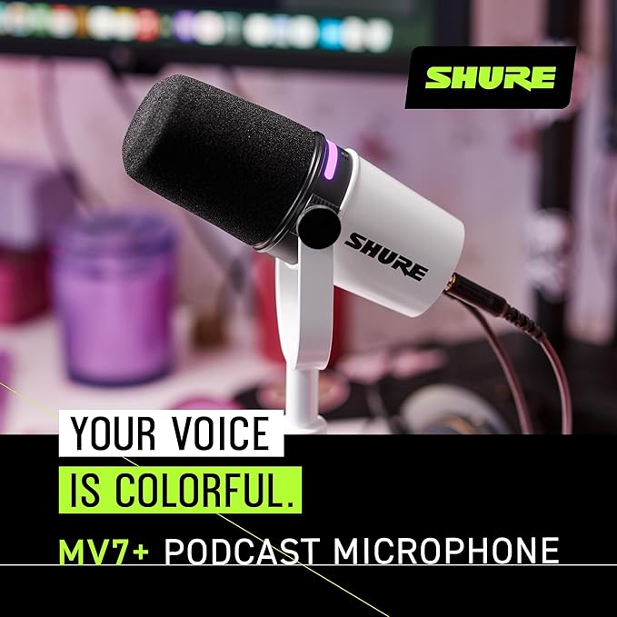 Shure MV7+ Dynamic Microphone – USB-C & XLR Podcast Mic for Streaming, Recording & Broadcasting, OBS Certified, Auto Level Mode, Digital Pop Filter, LED Panel, White