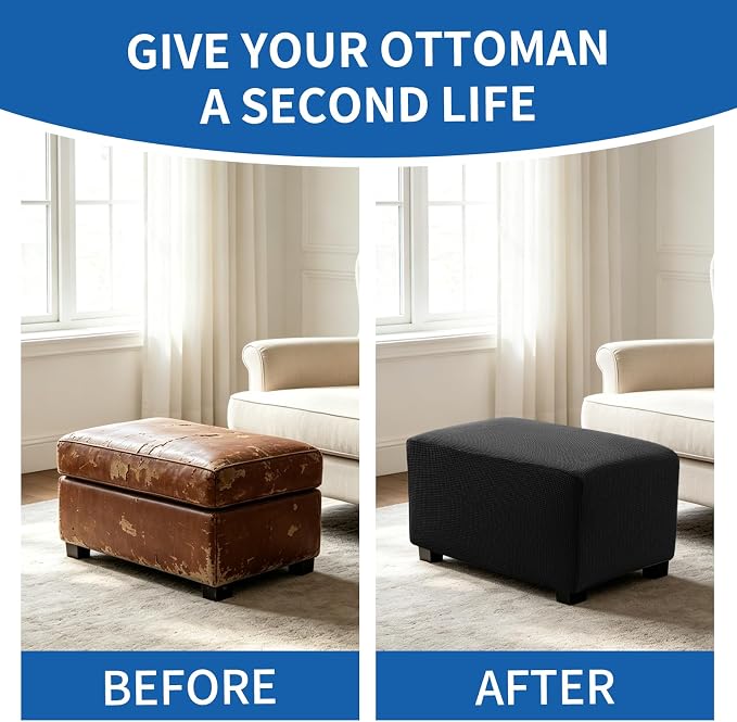 Ottoman Covers Ottoman Slipcovers Folding Storage Stool Washable Furniture Protector,Elastic Foot Stool Foot Rest Protector for Living Room Bedroom,Medium,Black