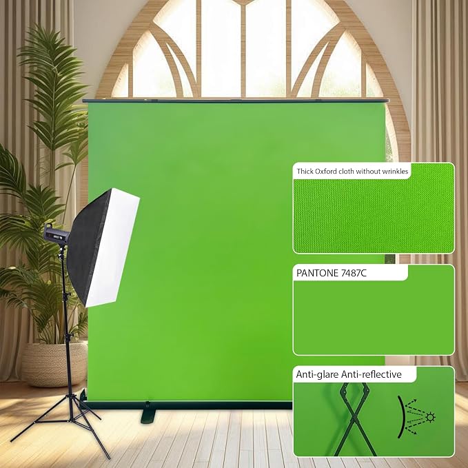 LIHONG Large Green Screen Collapsible Chroma Key Backdrop,Portable Retractable Photo Background with Stand for Video, Live Game,Streaming,Wrinkle Resistant Fabric,Pull-up&Down Style (78.7x78.7 in)